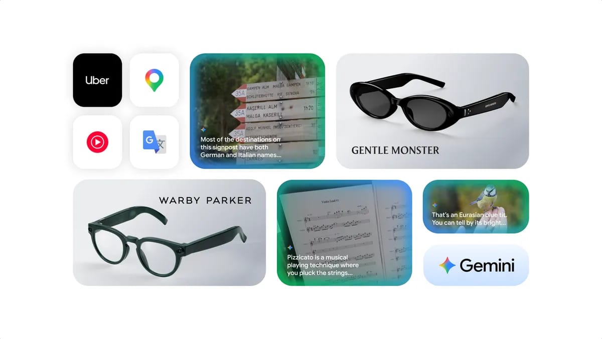Kolaž s prikazom pametnih očal znamk Gentle Monster in Warby Parker ter primerov uporabe umetne inteligence Gemini za prevajanje, prepoznavanje okolice in povezavo z aplikacijami.