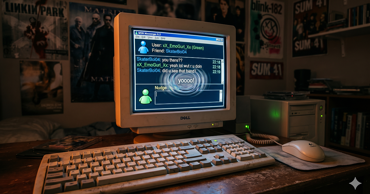 Retro namizni računalnik iz leta 2004 v zatemnjeni sobi. Na CRT monitorju je odprta klepetalnica MSN Messenger s pogovorom med vzdevkoma 