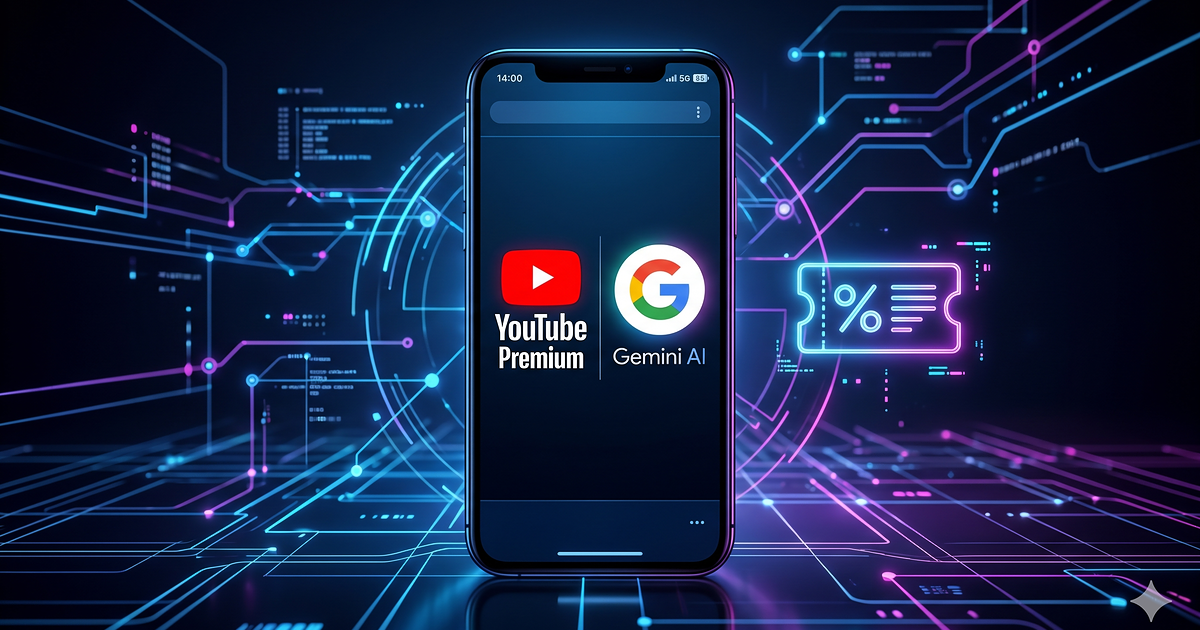 Pametni telefon z logotipoma YouTube Premium in Google Gemini AI ter neonska ikona popusta na modernem tehnološkem ozadju.