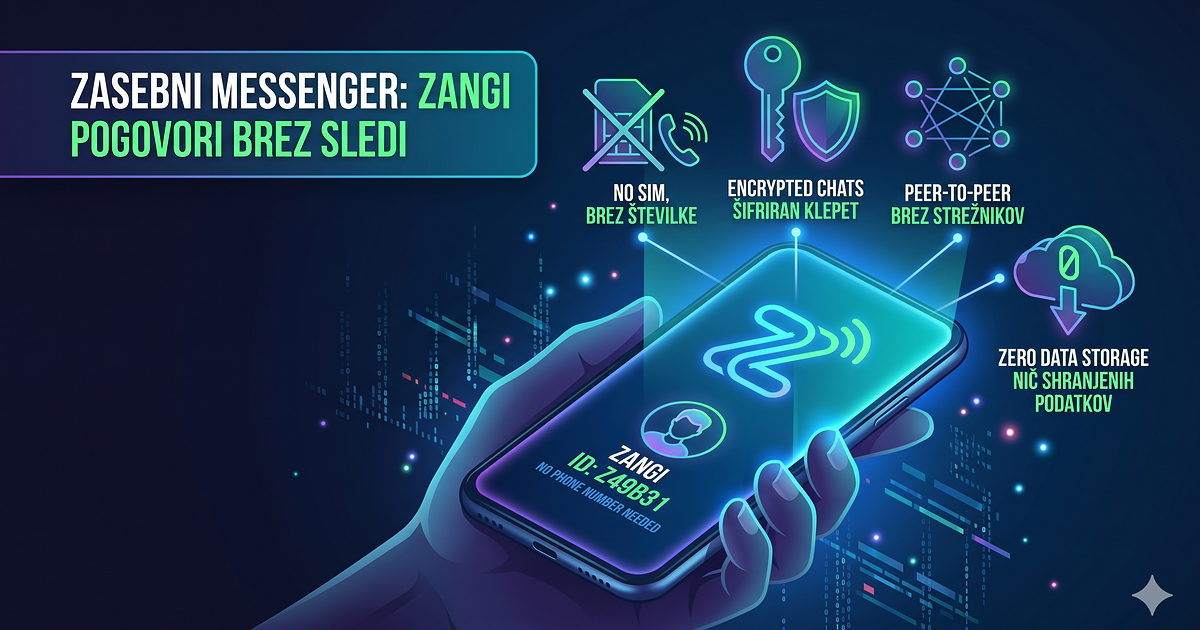 Zangi aplikacija za varno sporočanje: grafični prikaz decentraliziranega klepeta brez telefonske številke s poudarkom na varnosti in zasebnosti.