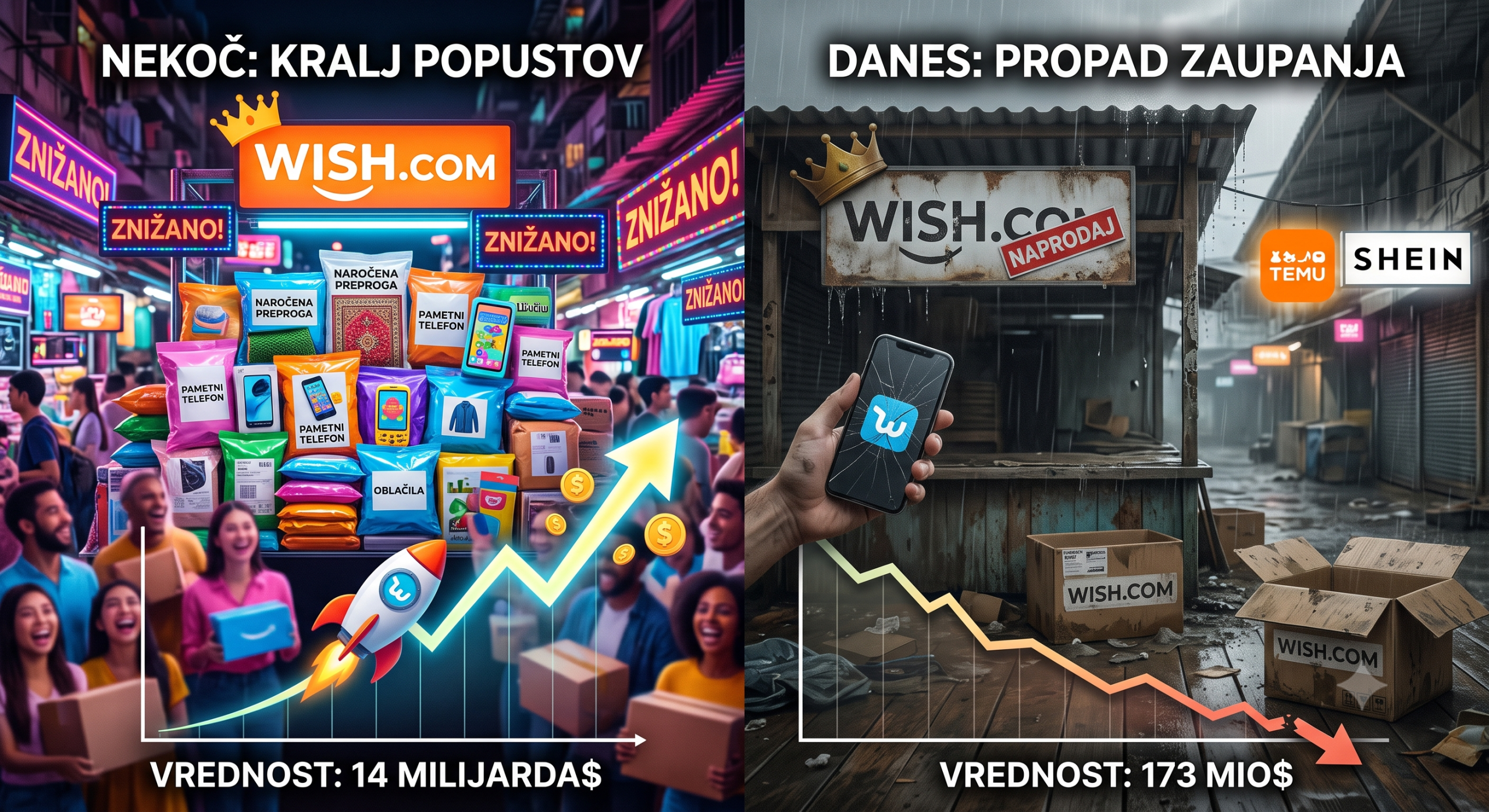 Grafični prikaz vzpona in propada trgovine Wish.com. Na levi strani je barvit vzpon podjetja z vrednostjo 14 milijard dolarjev, na desni pa zapuščena stojnica v dežju s padajočim grafom na 173 milijonov dolarjev ter logotipoma Temu in Shein v ozadju.
