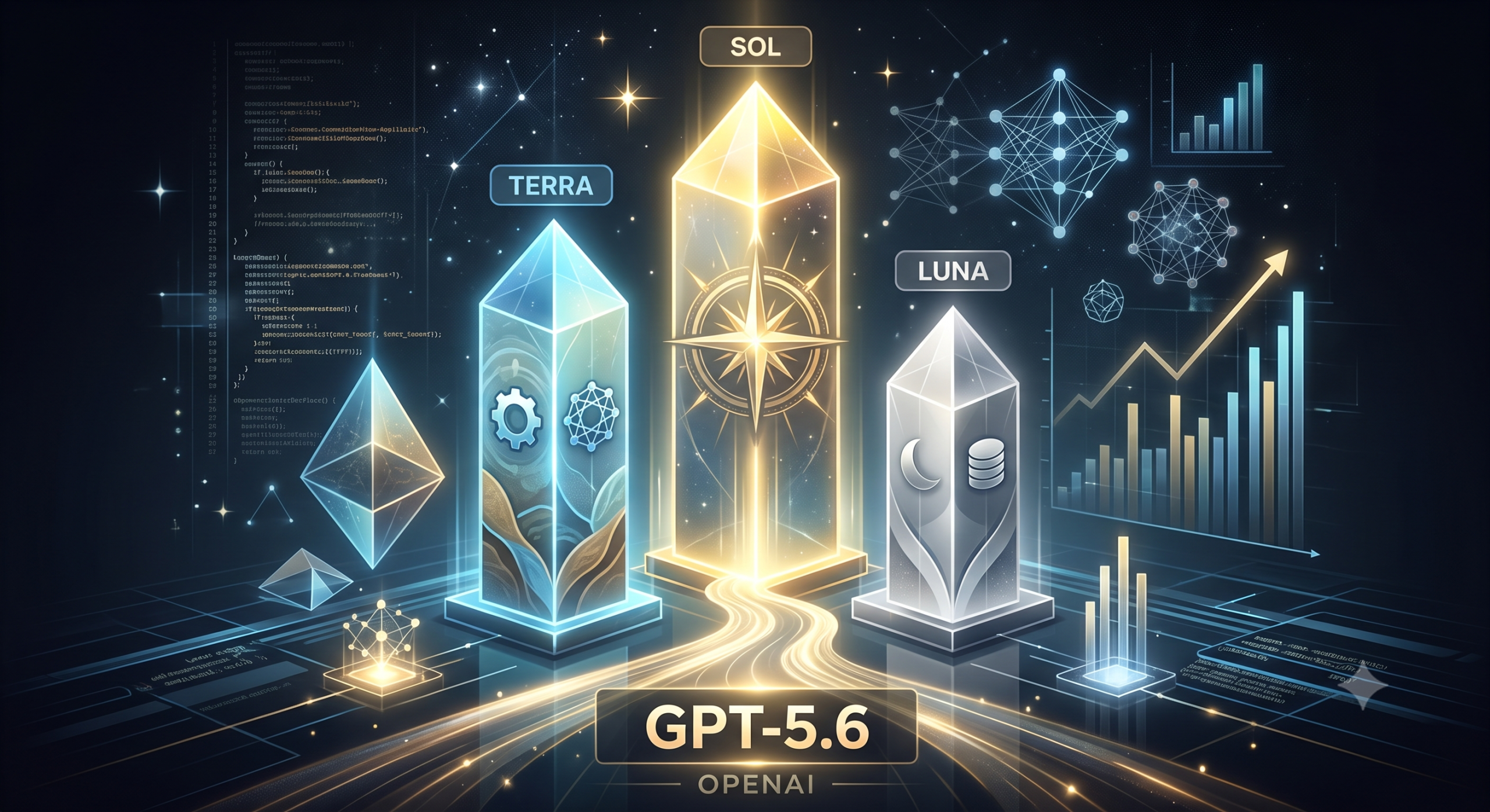 Futurističen simboličen prikaz treh svetlečih kristalnih modelov OpenAI GPT-5.6, Sol, Terra in Luna, v digitalnem okolju s podatkovnimi tokovi in grafi.