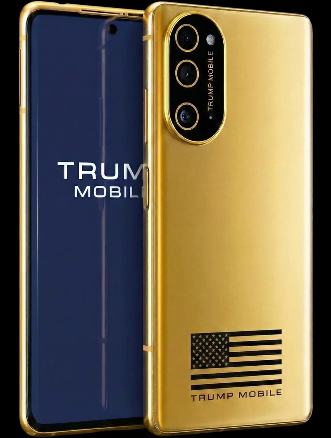 Profil dveh primerkov zlatega pametnega telefona Trump Mobile, ki prikazuje sprednji del zaslona z logotipom in zadnji del z laserjem vgravirano ameriško zastavo ter kamero.