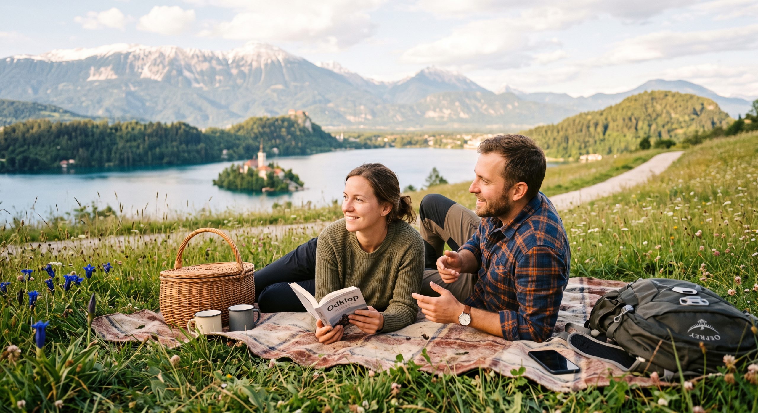 Par uživa na pikniku v naravi s pogledom na gorsko jezero, bere knjigo in ima odložen pametni telefon za digitalni detox.