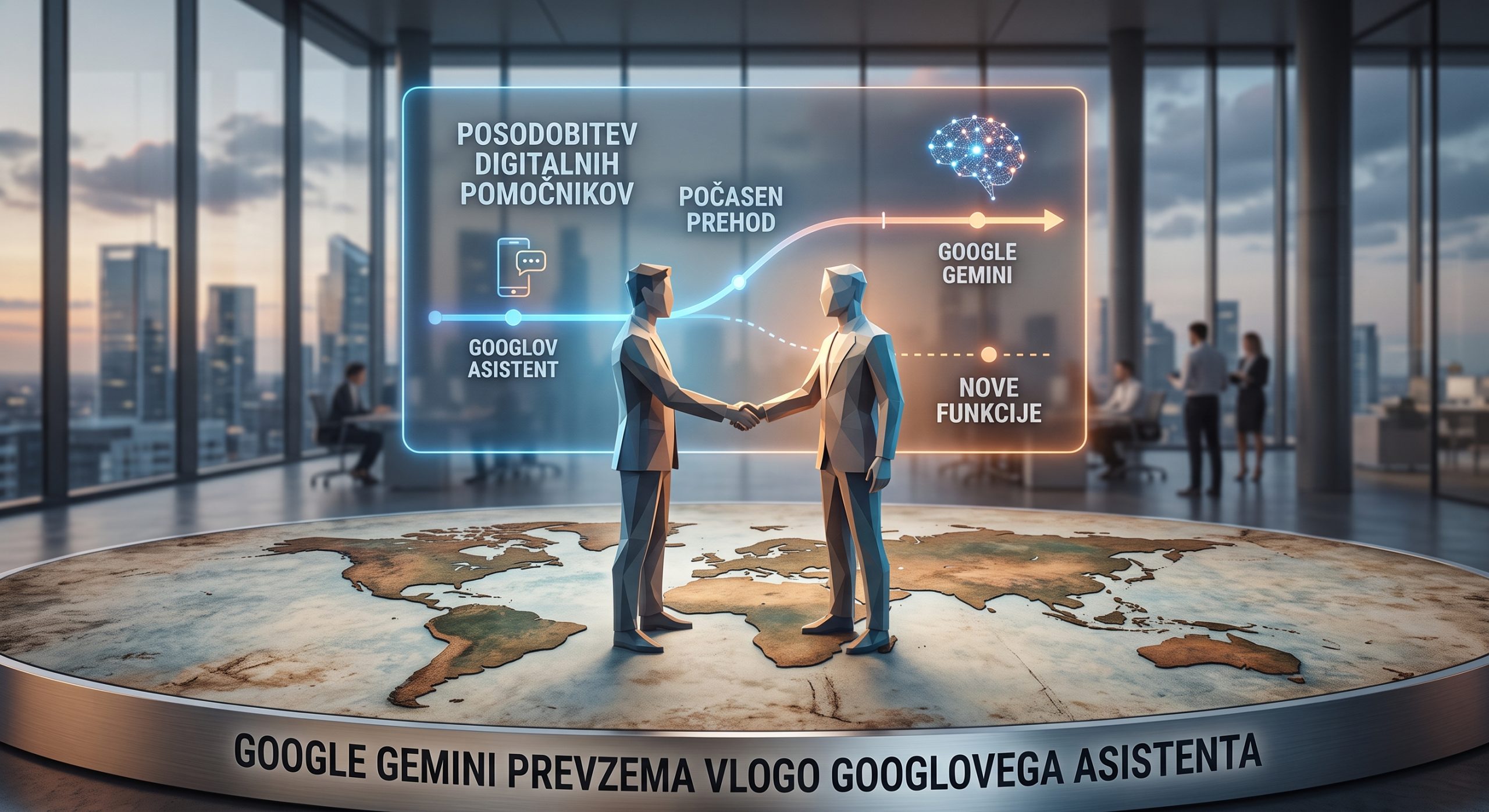 Ilustracija 3D-kock z zemljevidom sveta, ki prikazuje dva človeka, ki si sežeta v roke pod prosojnim zaslonom s časovno premico prehoda z Googlovega Asistenta na Google Gemini. Besedilo na plošči na tleh se glasi »GOOGLE GEMINI PREVZEMA VLOGO GOOGLOVEGA ASISTENTA«.